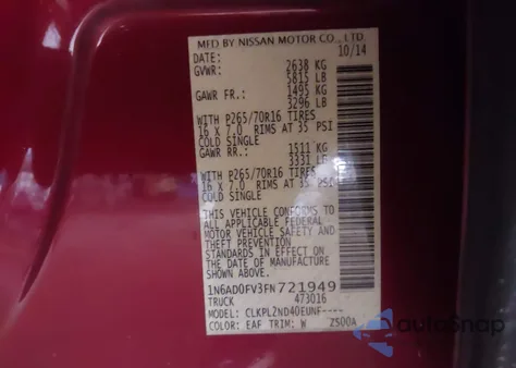 2015 Nissan Frontier Sv z USA, uszkodzony, nr VIN 1N6AD0FV3FN721949